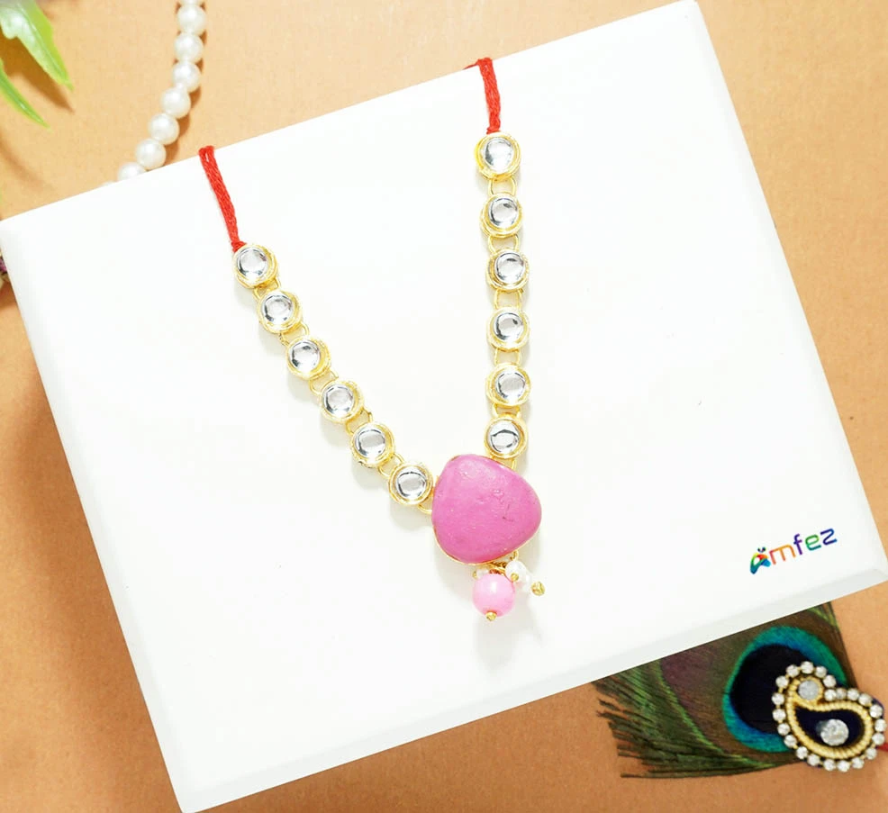 Elegant Pink & White Kundan Pearl Beads Necklace ( 3 Inch)