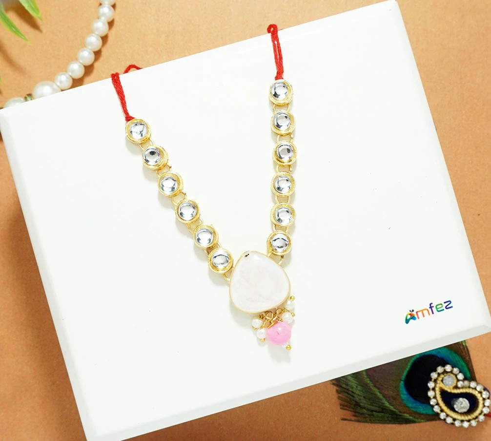 Elegant White Kundan Pearl Beads Necklace ( 3 Inch)