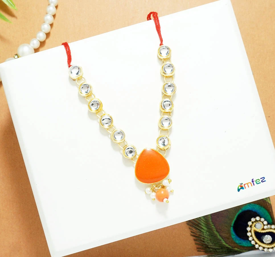 Elegant Orange & White Kundan Pearl Beads Necklace ( 3 Inch)