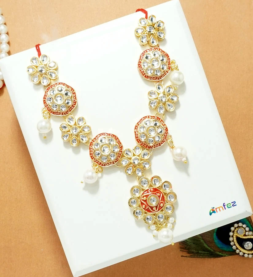 Beautiful White Red Kundan Pearl Beads Necklace ( 4.5 Inch)