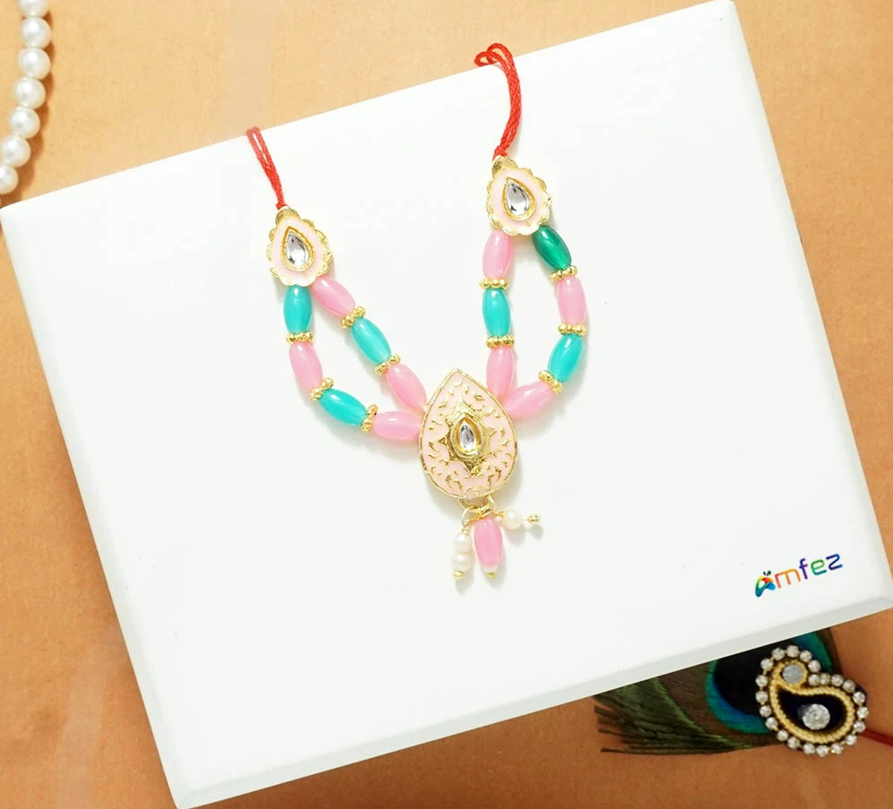 Pink Sky Blue Kundan Pearl Beads Necklace ( 2.5 Inch)