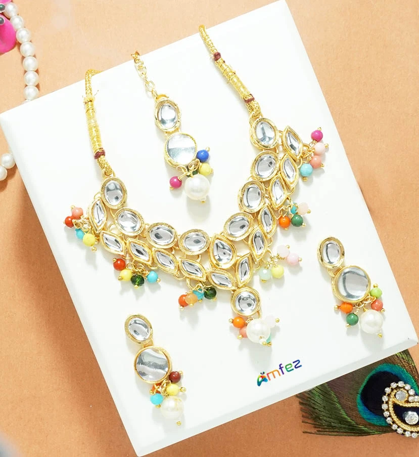 Multi Heavy Kundan Pearl Beads Necklace With Earrings ( XXL )