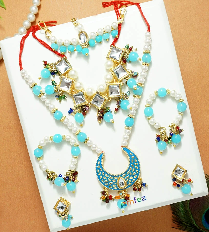 A Set of SkyBlue Kundan Pearl Beads Necklace With Earrings & Bracelets ( X-Large )