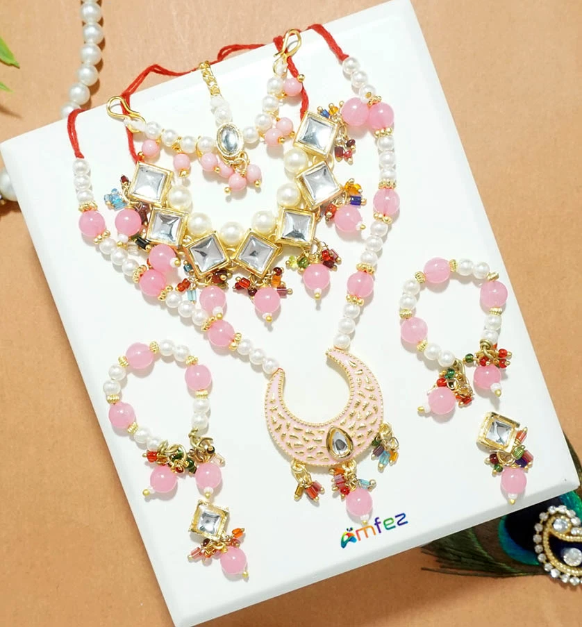 A Set of Pink Kundan Pearl Beads Necklace With Earrings & Bracelets ( X-Large )