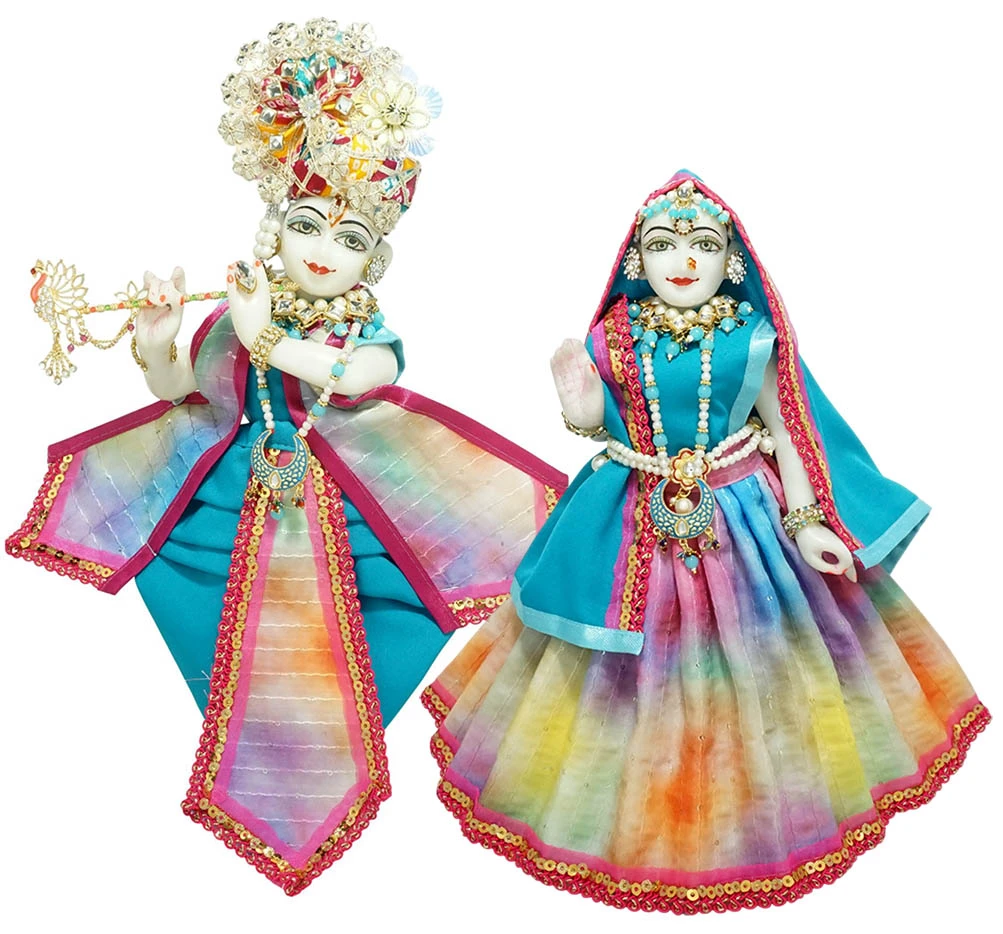 Amfez Radha Krishna Multi Printed Embroidery Lace Work Holi Dress