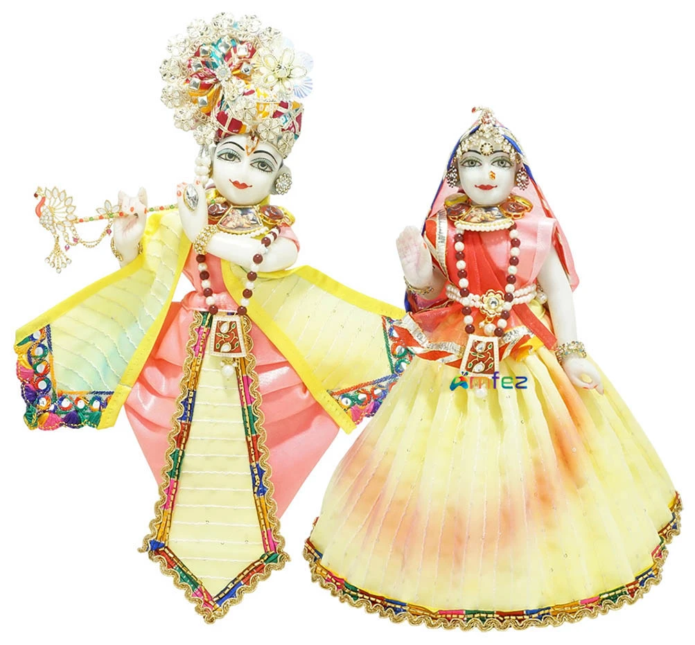 Amfez Radha Krishna Yellow Printed Embroidery Lace Work Holi Dress