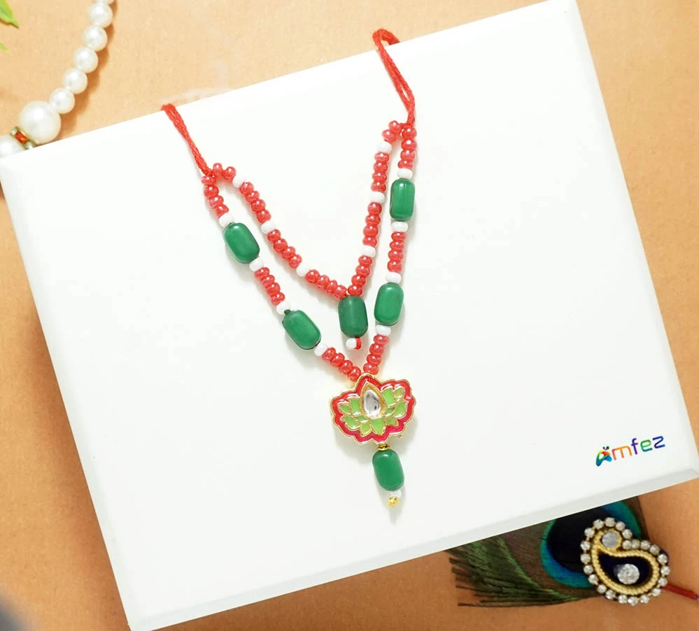 Red & Green Stone Pearl Beads Necklace ( 3 Inch)
