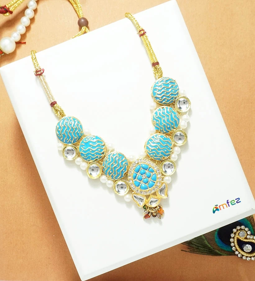 SkyBlue Kundan Meena Beads Necklace ( X-Large )