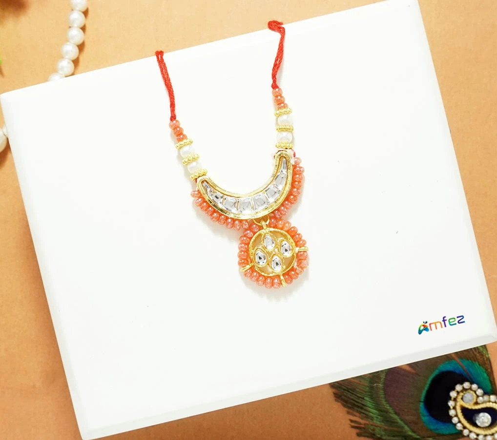 Orange Kundan Pearl Beads Necklace ( 2.5 Inch)
