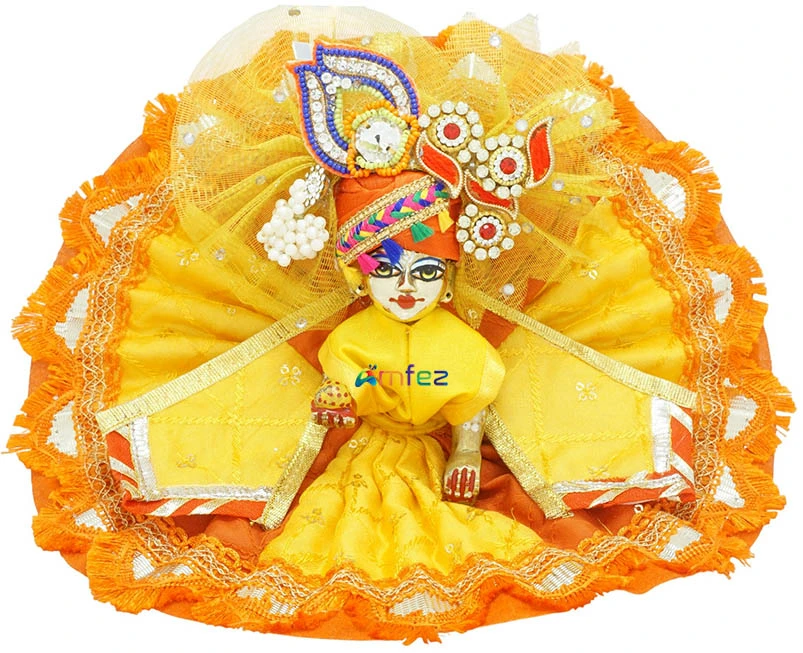 Amfez Laddu Gopal Yellow & Orange Sitara Embroidery Lace Work Dress
