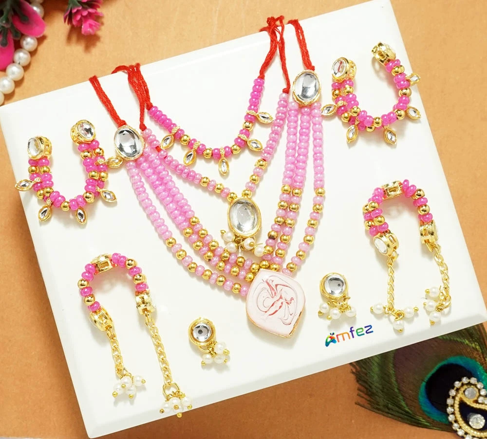 Rani Stone Pearl Beads Necklace With Earrings, Bracelets & Belt ( XL )