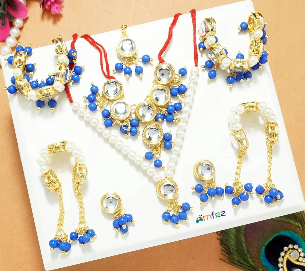 Blue Stone Pearl Beads Necklace With Earrings & Bracelets ( XL )