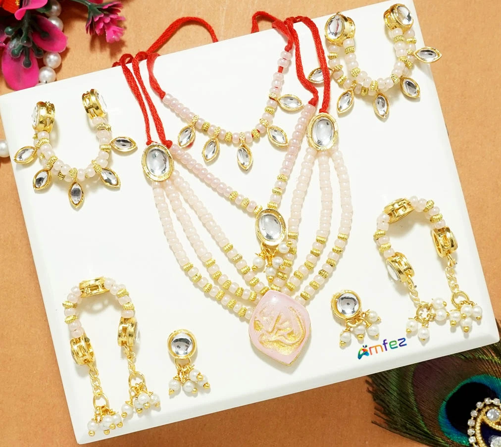 Baby Pink Stone Pearl Beads Necklace With Earrings, Bracelets & Belt ( XL )