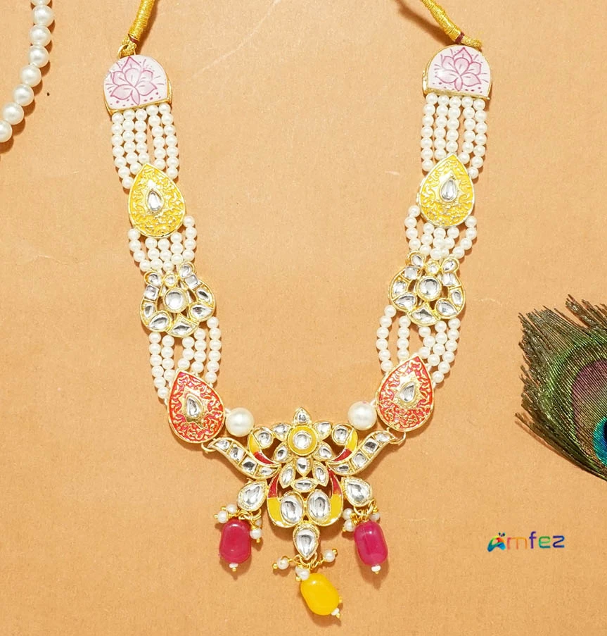 Pink & Yellow Heavy Kundan Meena Work Necklace ( 6 Inch )