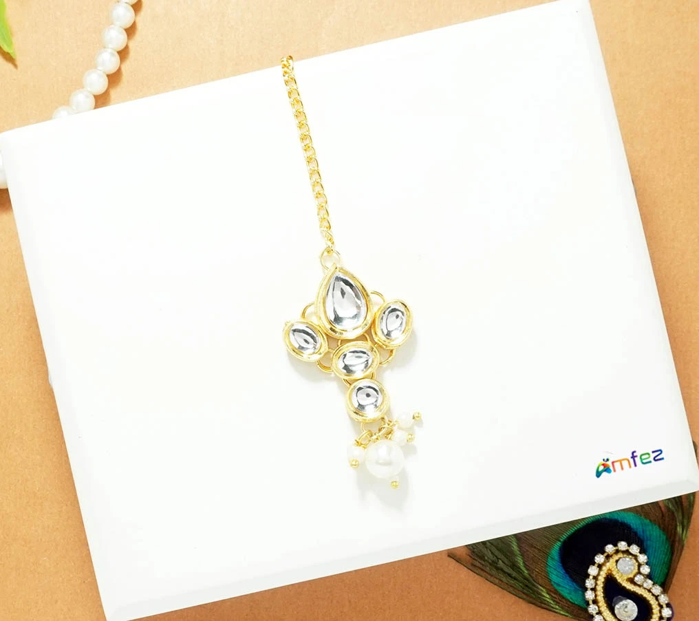 White Kundan Work Tika/ Head Locket ( 4 Inch )