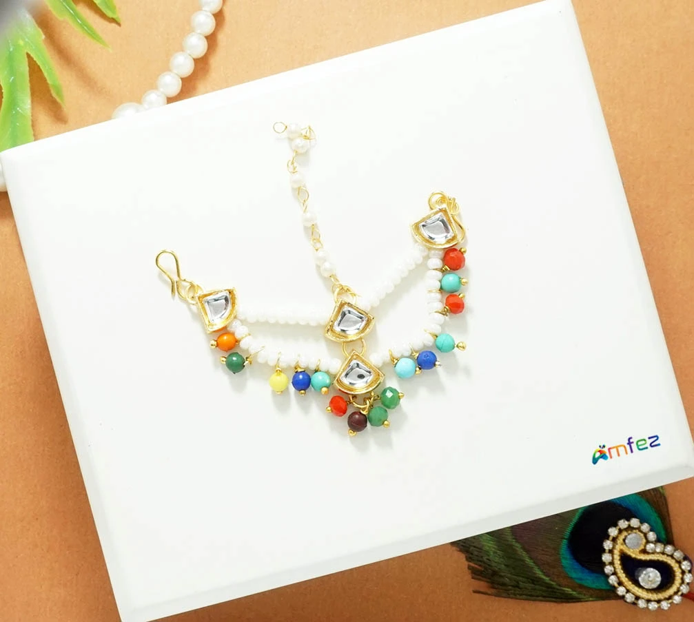 Multi Kundan Pearl Beads Tika/ Head Locket ( 2.5 Inch )