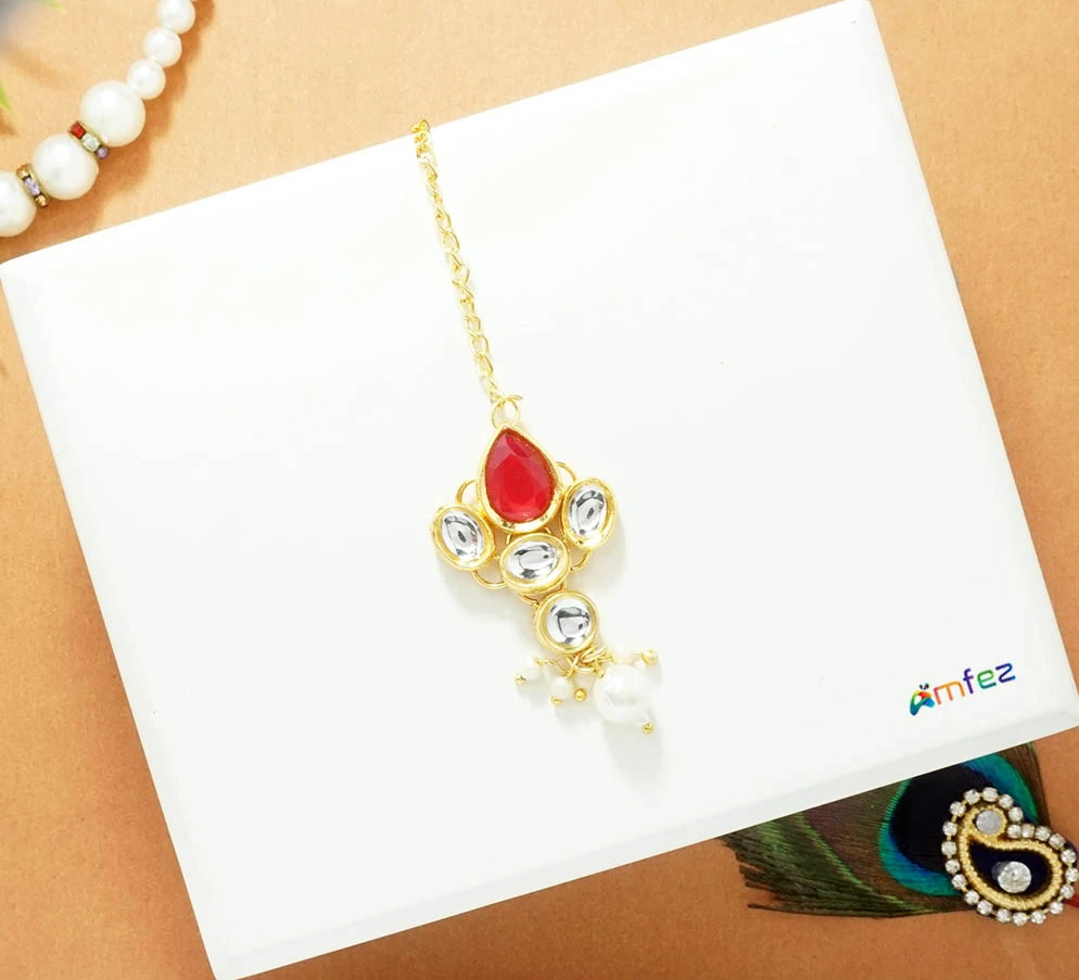 Red & White Kundan Work Tika/ Head Locket ( 4 Inch )