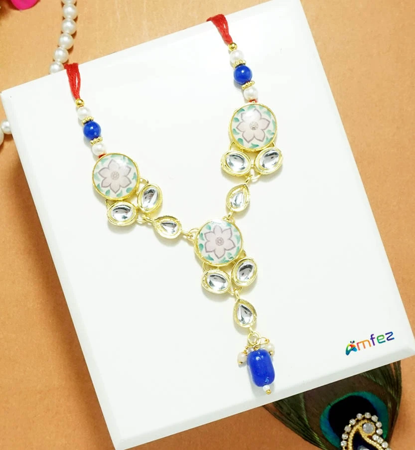 Blue Kundan Pearl Beads Work Necklace ( 3.5 Inch )