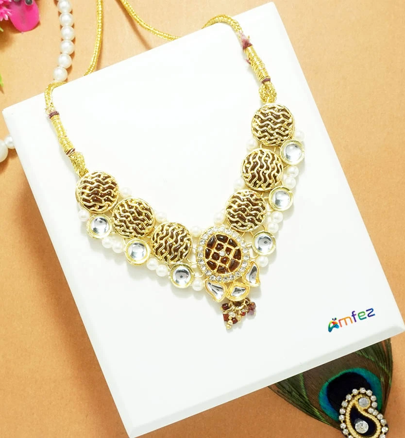 Maroon Heavy Kundan Meena Work Necklace ( X-Large )