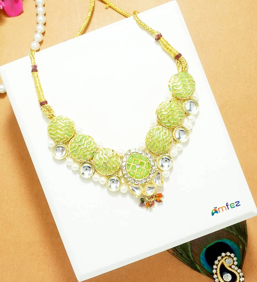 Parrot Green Heavy Kundan Meena Work Necklace ( X-Large )