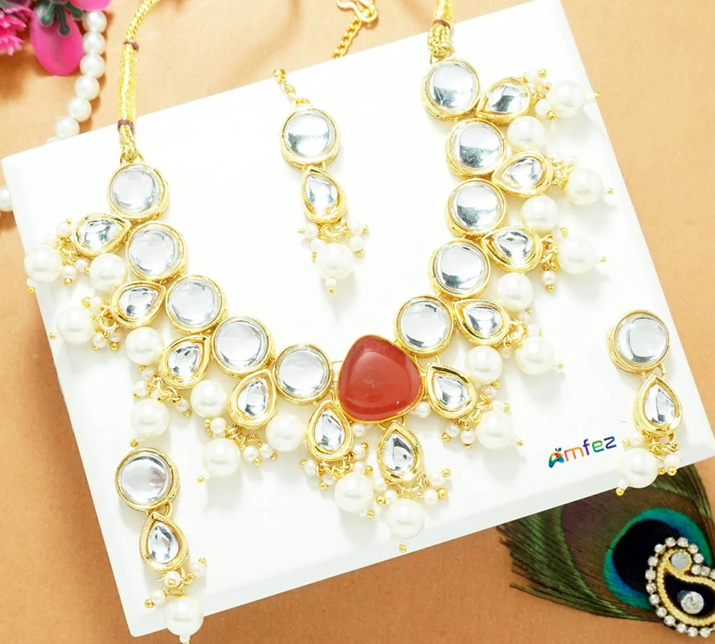 Red Heavy Kundan Pearl Beads Necklace Withe Earrings and Head Locket ( XX-Large )