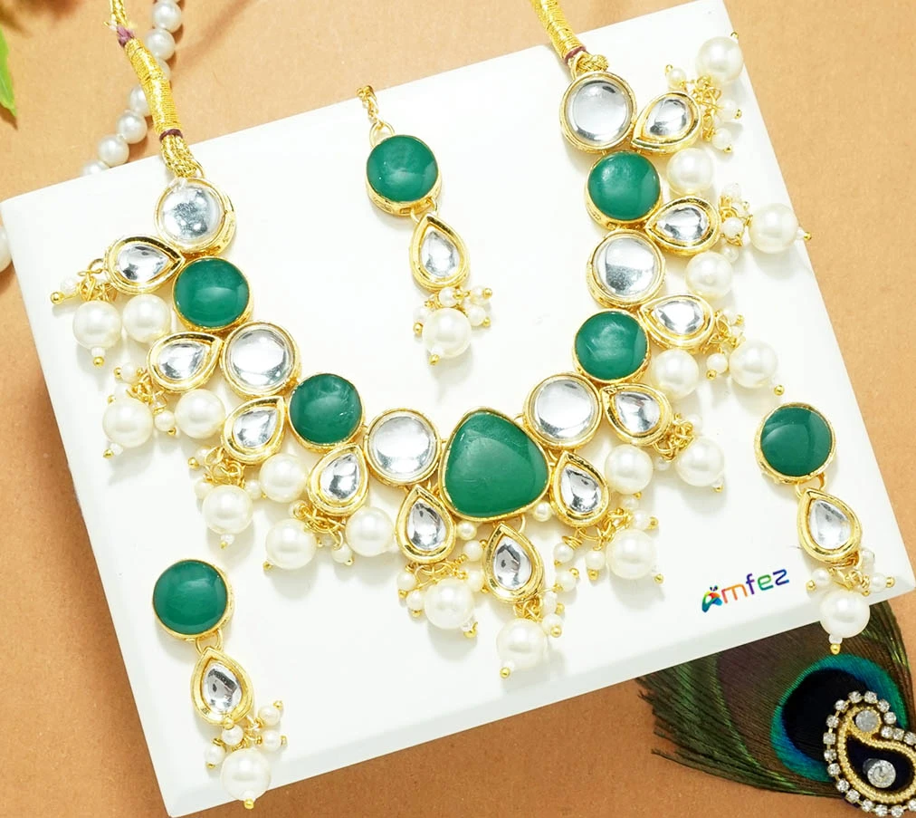 Green Heavy Kundan Pearl Beads Necklace Withe Earrings and Head Locket ( XX-Large )