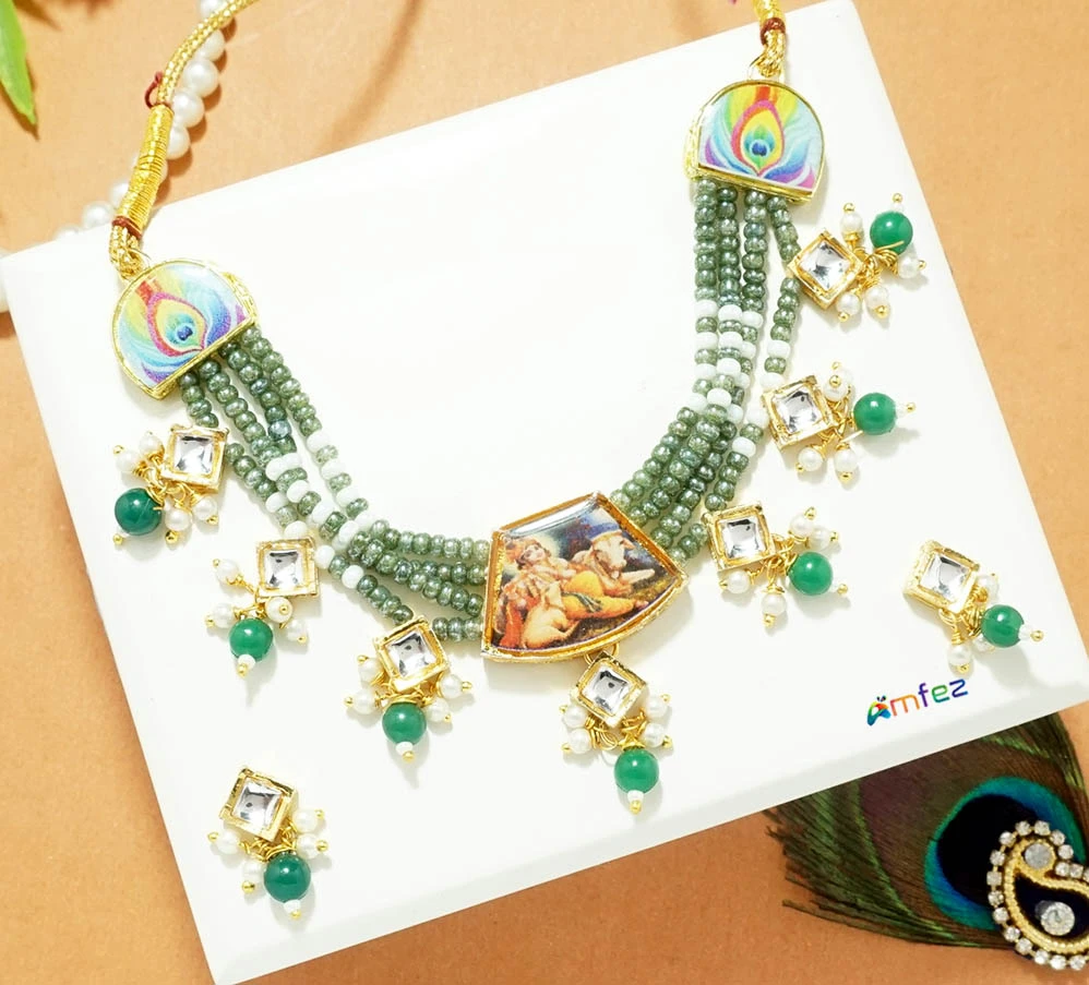 Green Heavy Kundan Pearl Beads Necklace With Earrings ( XX-Large )