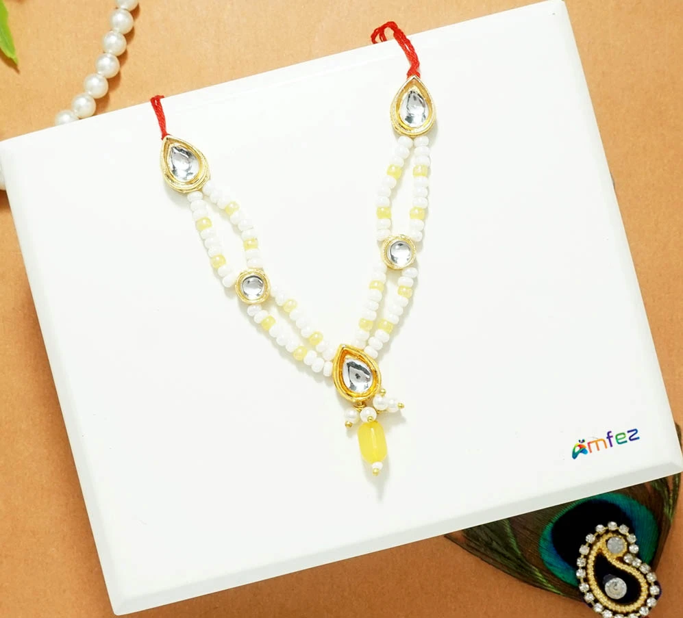 White & Yellow Kundan Pearl Beads Necklace (3 Inch )