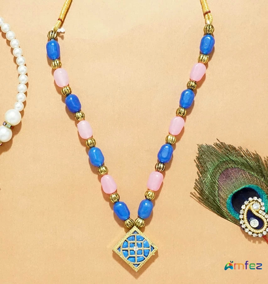 Blue & Pink Heavy Pearl Beads Necklace (6 Inch )