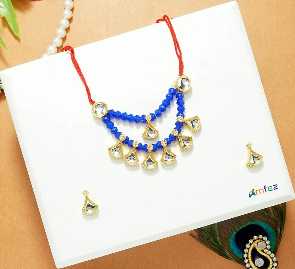 Blue Kundan Beads Necklace With Earrings ( Medium )