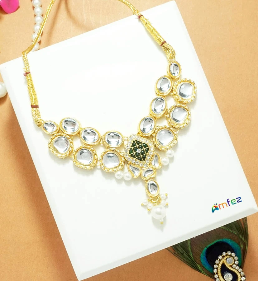 White Green Heavy Kundan Pearl Beads Necklace (X-Large )