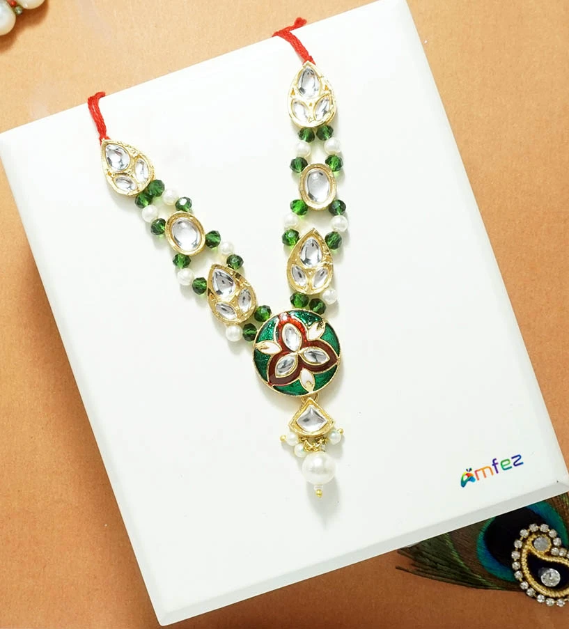 Green Heavy Kundan Meena Pearl Beads Necklace (4 Inch )