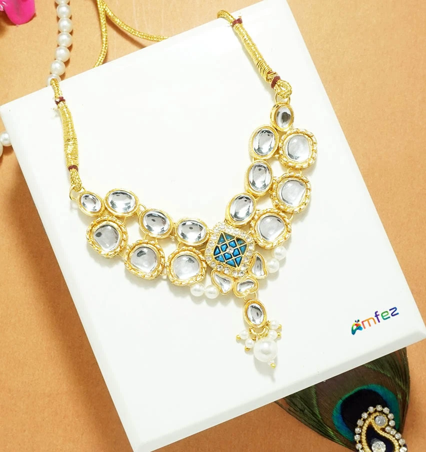 White SkyBlue Heavy Kundan Pearl Beads Necklace (X-Large )