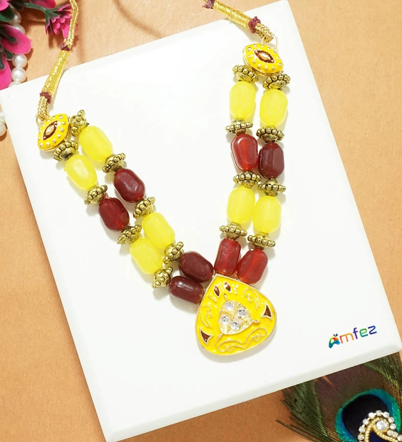 Yellow Red Beads Work Necklace Mala