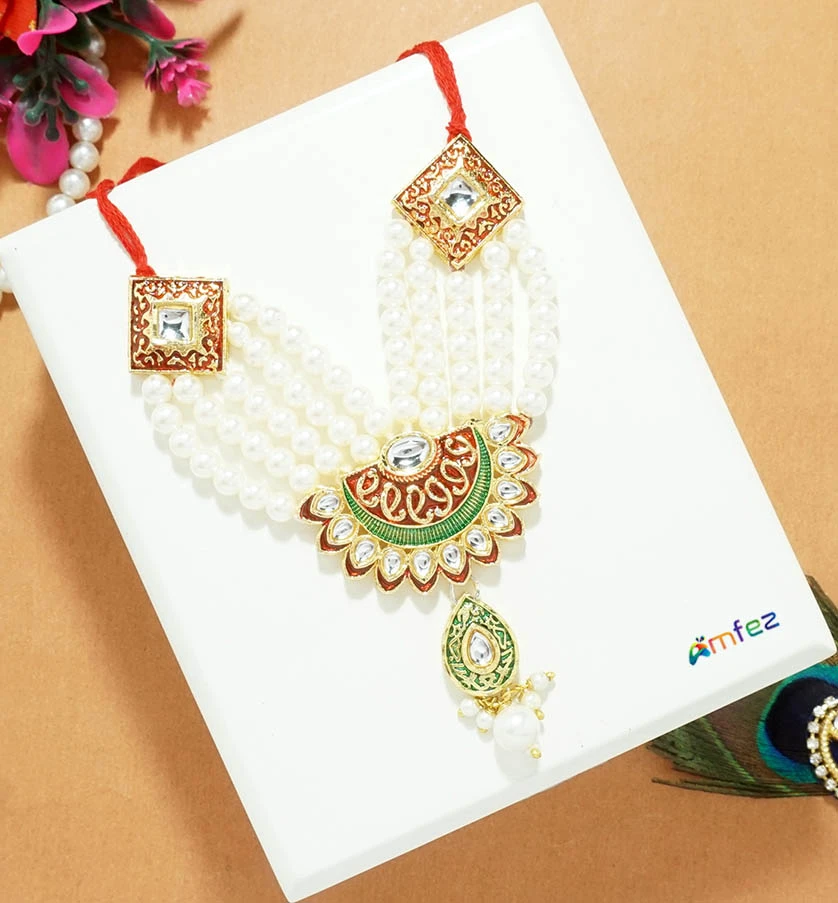 Beautiful Red Meena Kundan Pearl Beads Work Necklace