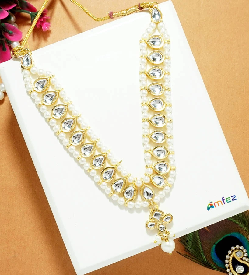 White Golden Stone Pearl Beads Necklace ( 5 Inch )