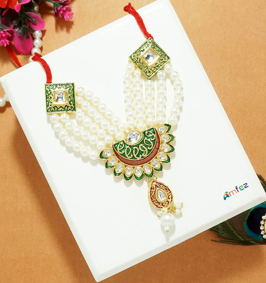 Beautiful Green Meena Kundan Pearl Beads Work Necklace