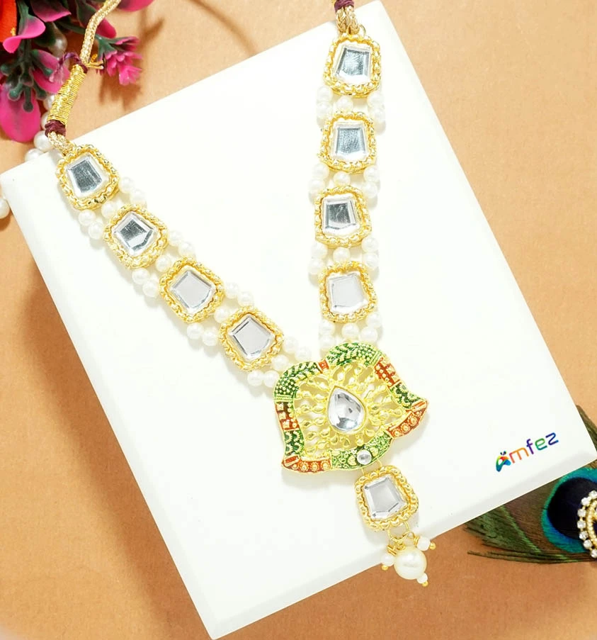 Golden Multi Meena Stone Stone Pearl Beads Necklace ( 5 Inch )