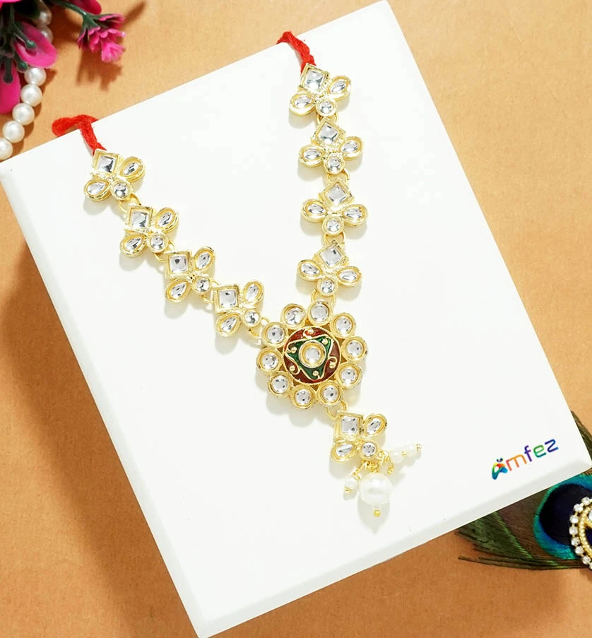 Golden Multi Meena Kundan Pearl Beads Necklace ( 3.5 Inch )