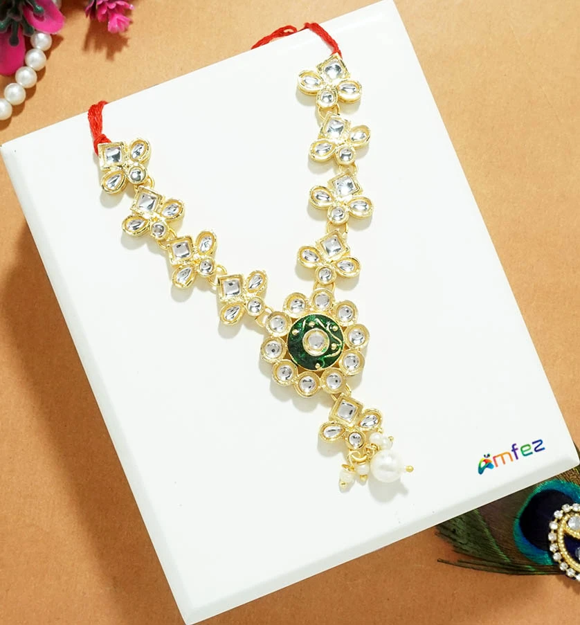 Golden Green Meena Kundan Pearl Beads Necklace ( 3.5 Inch )