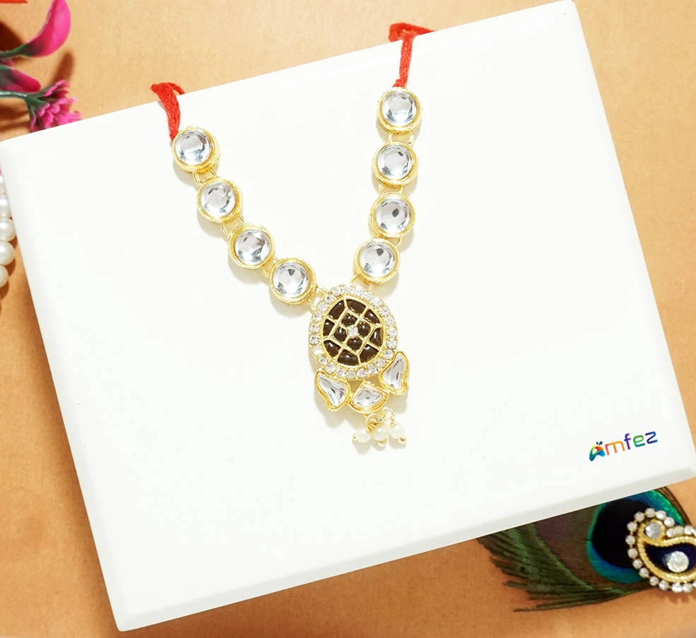 Golden Black Kundan Pearl Beads Necklace ( 2.5 Inch )