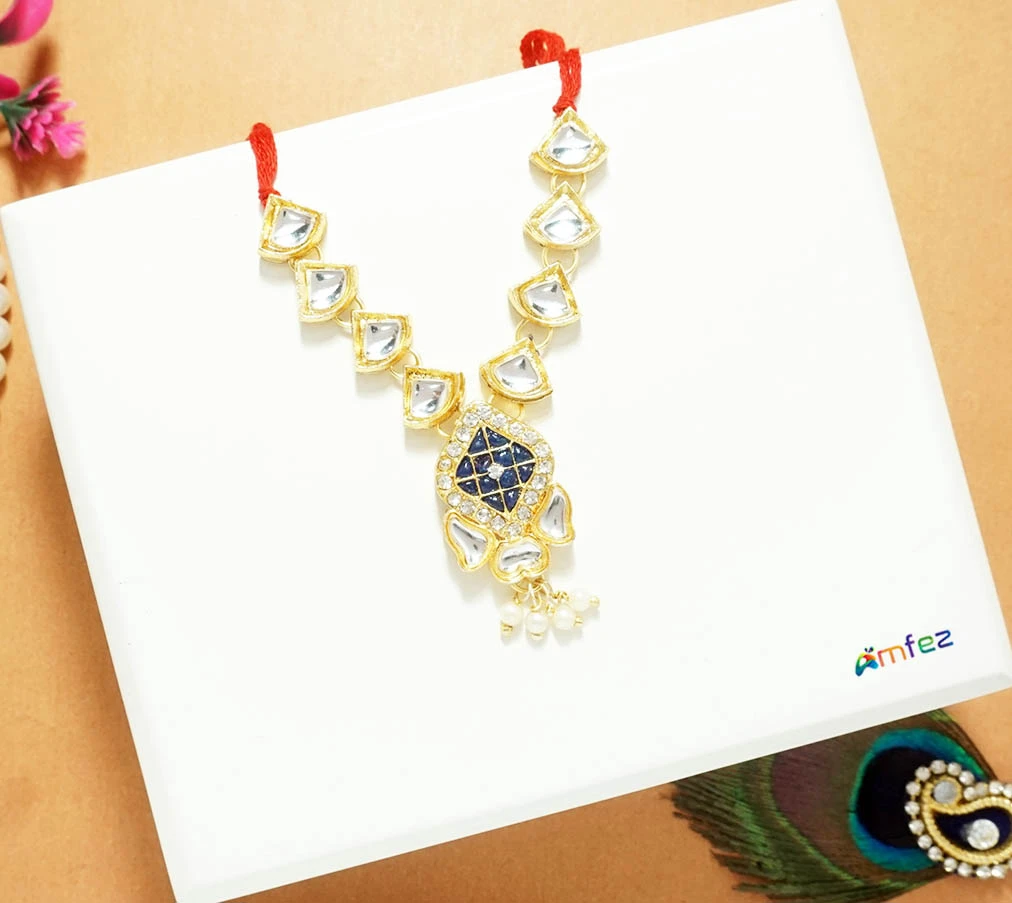 Golden Blue Kundan Pearl Beads Necklace ( 2.5 Inch )