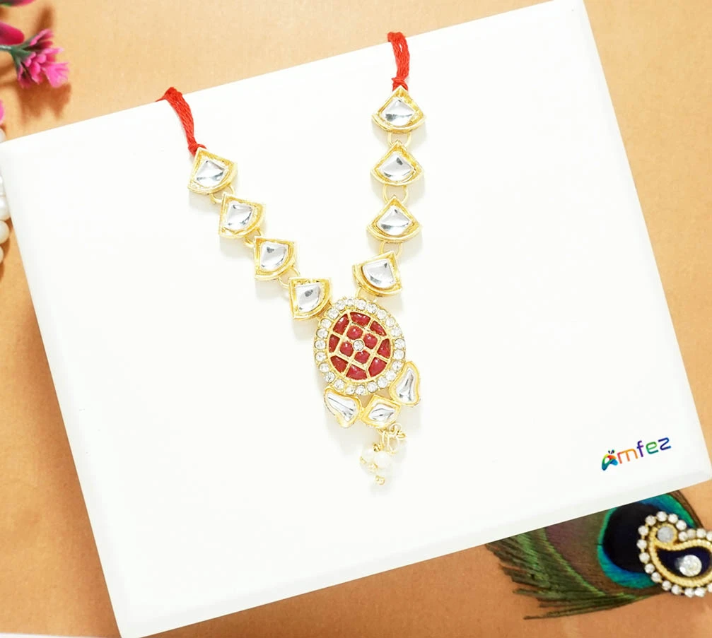Golden Red Kundan Pearl Beads Necklace ( 2.5 Inch )