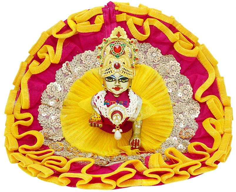 Designer Laddu Gopal Yellow & Rani Sitara Lace Work Dress