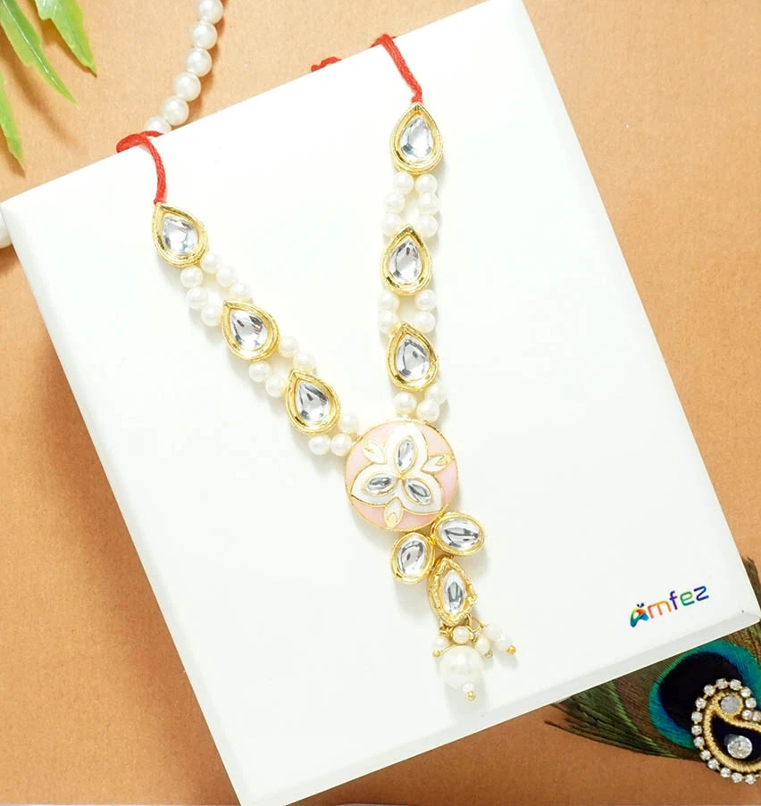 Golden Peach Kundan Pearl Beads Necklace ( 4 & 5.5 Inch )