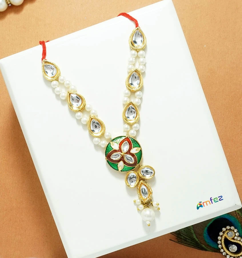 Golden Green Kundan Pearl Beads Necklace ( 4 & 5.5 Inch )
