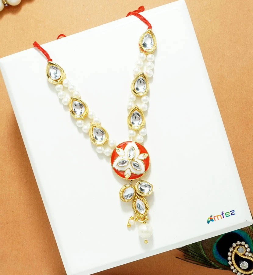 Golden Rani/Pink Kundan Pearl Beads Necklace ( 4 & 5.5 Inch )