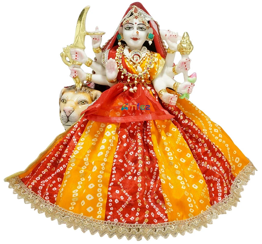 Amfez Durga Ji Red Yellow Bandhej Lace Work Dress