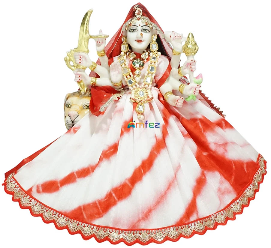 Amfez Durga Ji Red White Embroidery Lace Work Dress