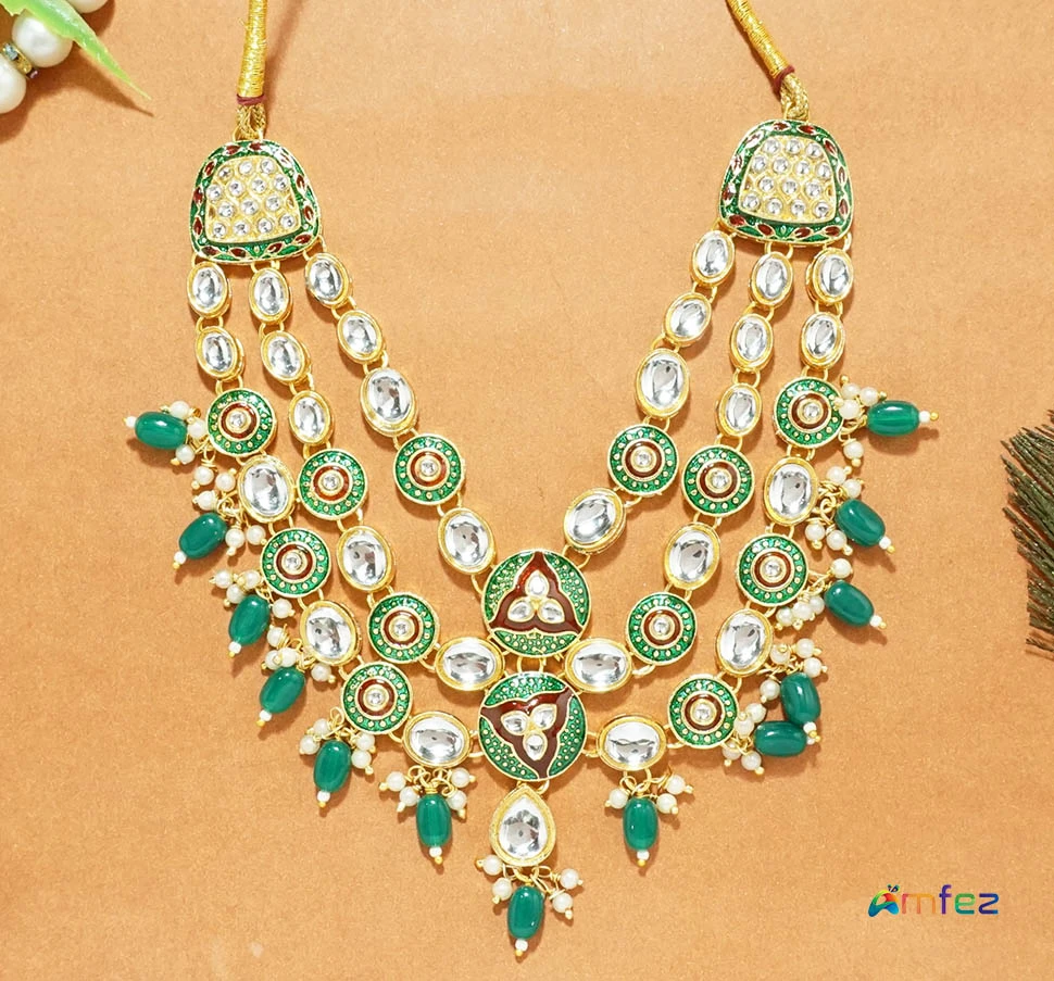 Elegant Green & White Kundan Beads Work Necklace ( XX-Large )